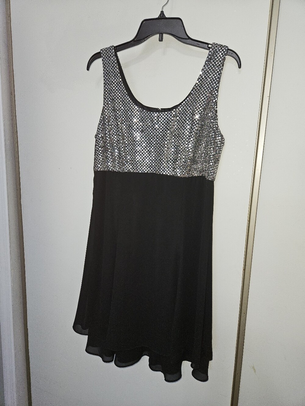 Silver Sequin & Black Chiffon Party Dress